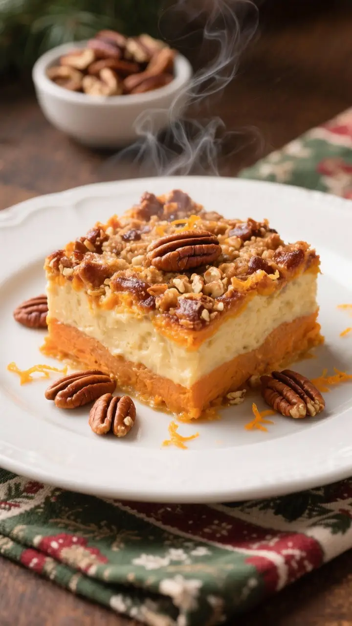 Final dish presentation: Restaurant-quality plated serving of sweet potato casserole with pecans, a