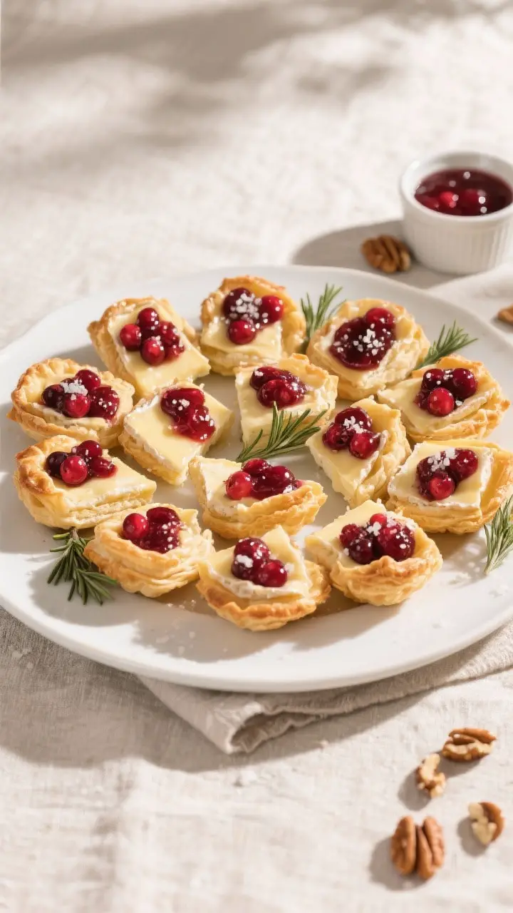 Final plated presentation: A party-ready platter of cranberry brie bites arranged in a casual spiral