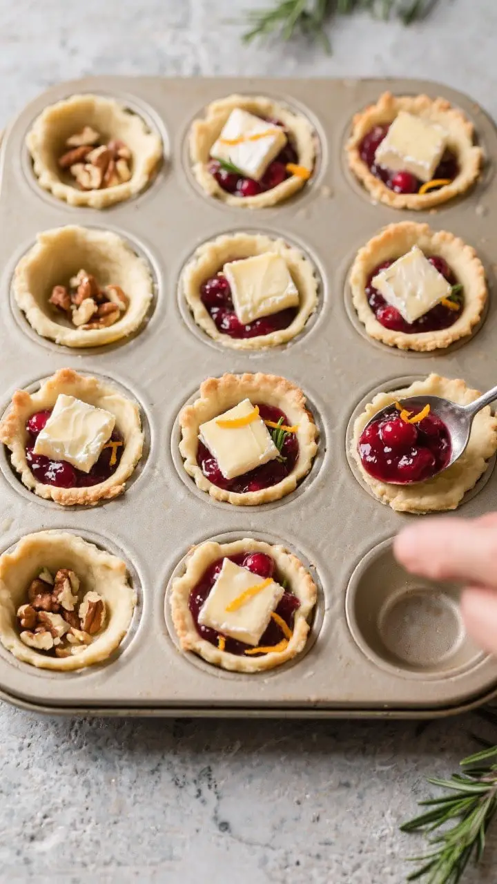 Overhead process shot: Assembled tray of prepared (uncooked) pastry wells ready for the oven, each m
