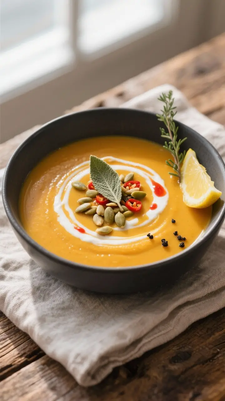 Tasty top view: Overhead shot of the finished butternut squash soup in a matte charcoal bowl; elegan