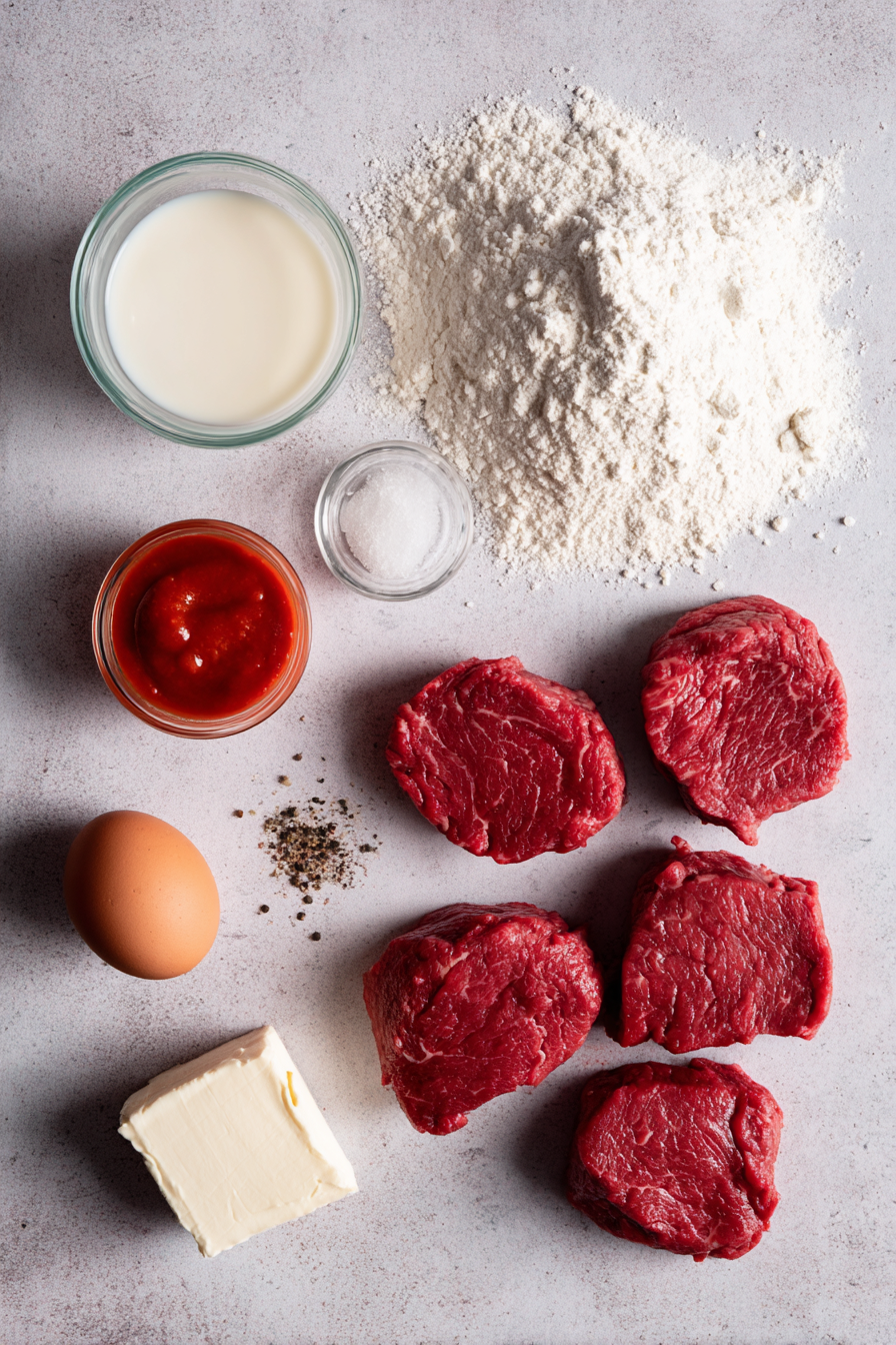 Overhead view of raw cube steak, flour, buttermilk powder, cornstarch, and spices, ready for making country fried steak.