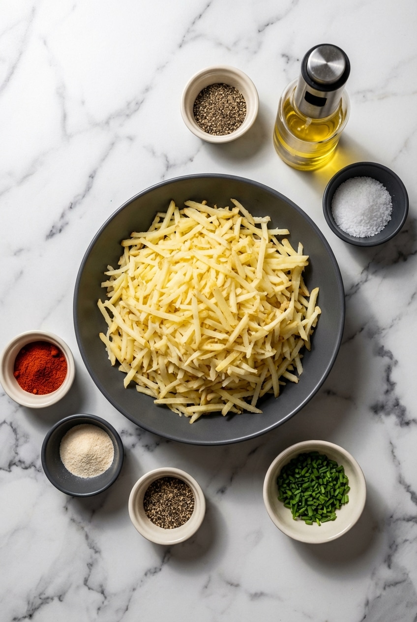 Shredded Russet potatoes, avocado oil spray, and cornstarch for air fryer hash browns.