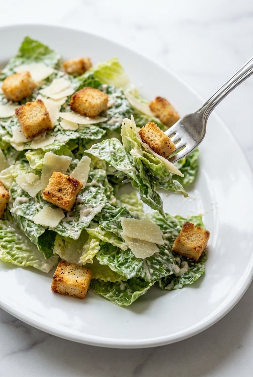 Two anchovy fillets and a dollop of Dijon mustard being prepared for the creamy dressing in this cesar salad recipe.