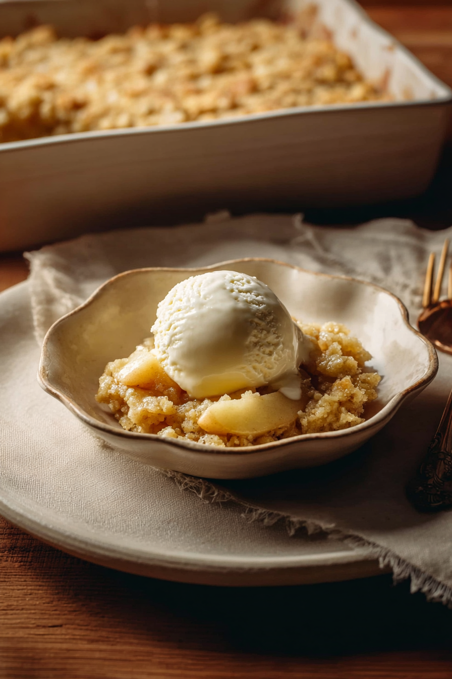 A cozy scene with a freshly baked apple dump cake recipe, served warm with a scoop of vanilla ice cream on a rustic table.