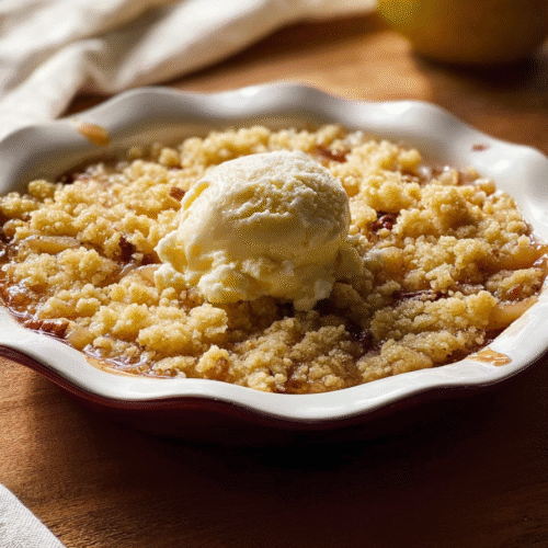 Golden brown apple dump cake recipe with a distinct streusel topping made from cold butter and pecans, showing gooey fruit underneath.