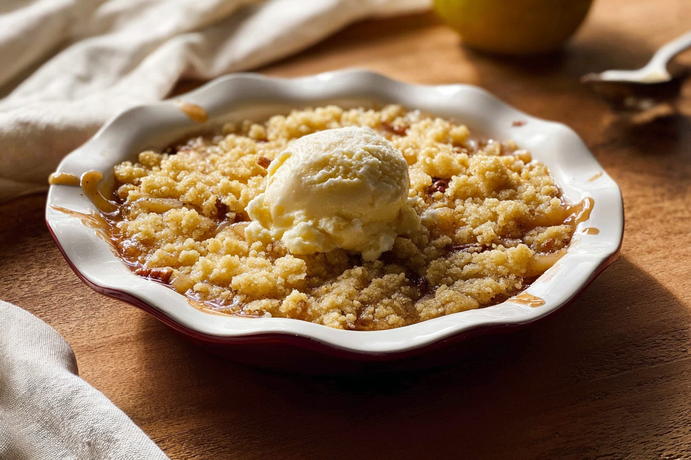 Golden brown apple dump cake recipe with a distinct streusel topping made from cold butter and pecans, showing gooey fruit underneath.