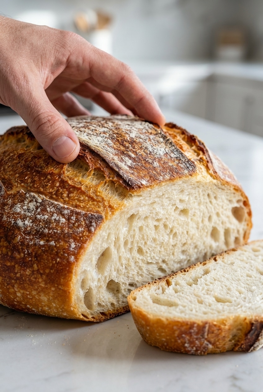 A Dutch Oven in the oven, baking Artisan Bread, demonstrating the ideal environment for a perfect 'oven spring' and Maillard reaction.