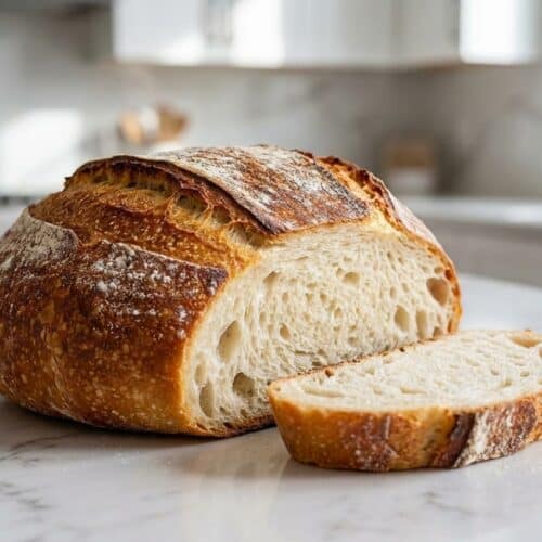 A rustic Artisan Bread loaf with a deep golden-brown crust, scored on top, showing a hint of the soft interior thanks to diastatic malt powder.