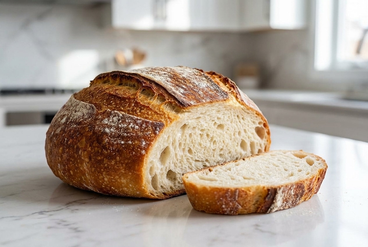 A rustic Artisan Bread loaf with a deep golden-brown crust, scored on top, showing a hint of the soft interior thanks to diastatic malt powder.