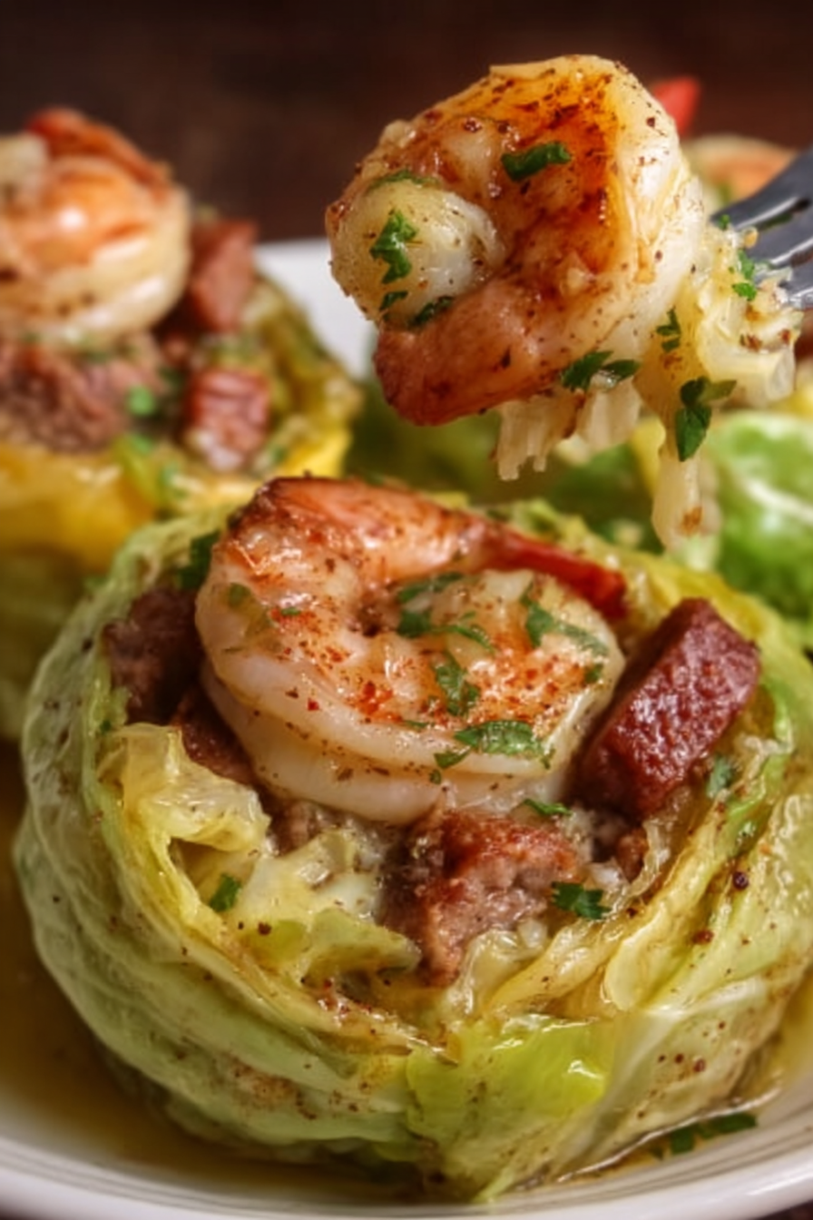 Close-up of baked cabbage boil with shrimp and sausage, showing tender cabbage leaves and succulent shrimp glistening with Cajun Garlic Butter Sauce.
