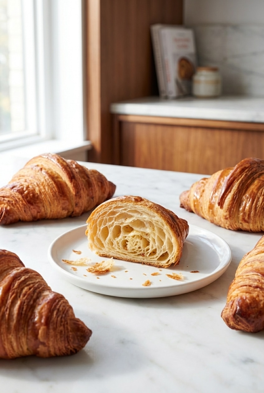 Two freshly baked Croissant Recipe pastries on a cooling rack, one cut open to show the honeycomb crumb.