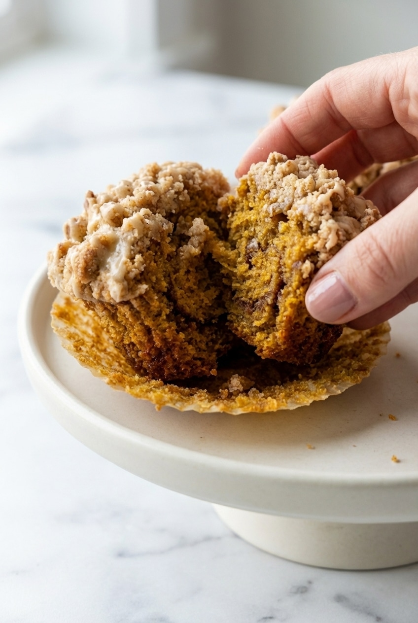 Close-up of the crispy brown butter streusel and cinnamon swirl on Pumpkin Cinnamon Roll Muffins.