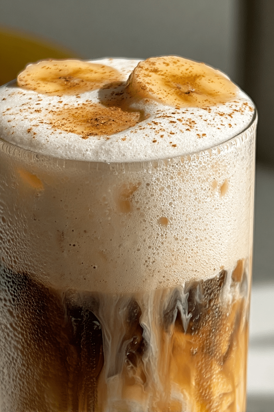 Close-up of a banana bread iced latte in a clear glass, highlighting the smooth texture of the cold foam and the rich, swirled banana spice syrup.