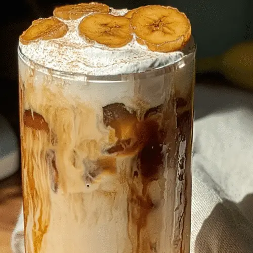 A tall glass of banana bread iced latte with creamy cold foam, garnished with a sprinkle of cinnamon, showcasing the rich brown butter and toasted spice syrup.