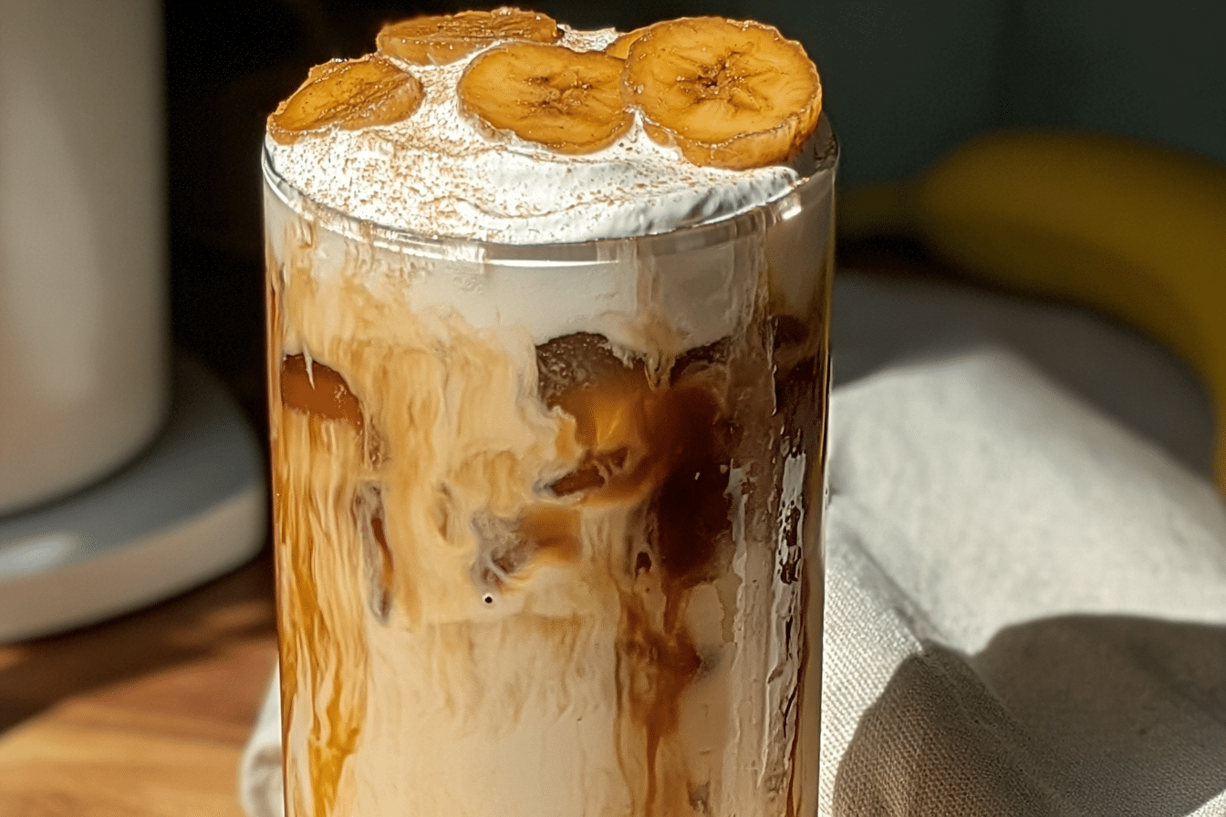 A tall glass of banana bread iced latte with creamy cold foam, garnished with a sprinkle of cinnamon, showcasing the rich brown butter and toasted spice syrup.