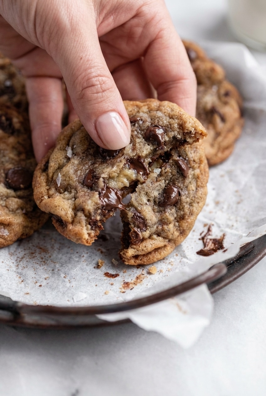 A close-up of a perfectly baked banana chocolate chip cookie showing its soft, chewy interior and melty chocolate.