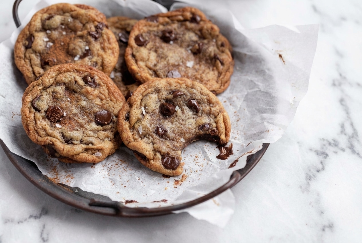 Finished banana chocolate chip cookies with a golden-brown exterior and a hint of the unique brown butter and toasted cinnamon infusion.