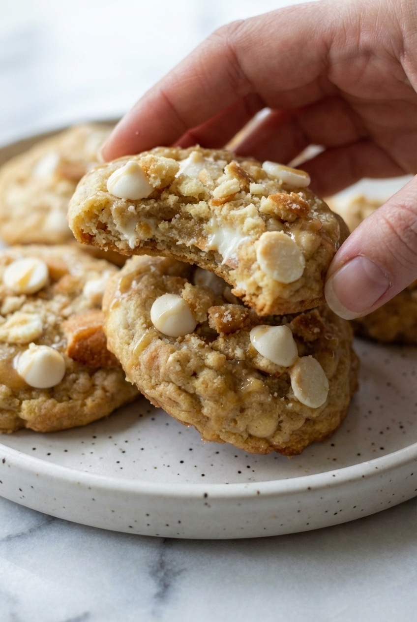 A close-up view of a baked banana pudding cookie, showing its soft, chewy interior and slightly crisp edges.