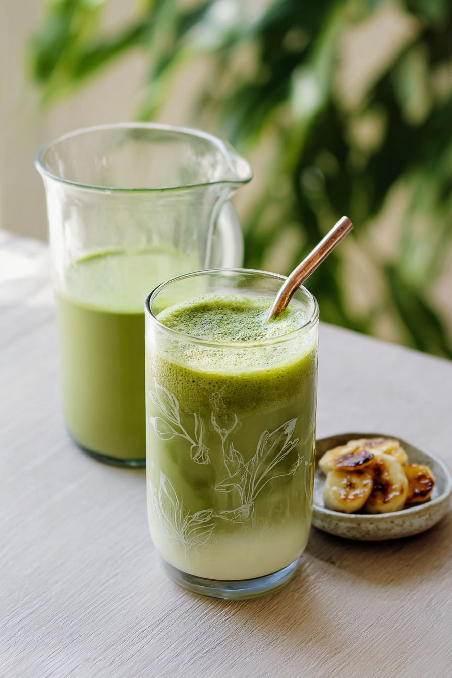 A large glass pitcher of Banana Matcha Latte being poured into a tall glass on a bright, casual table setting, ready to serve.