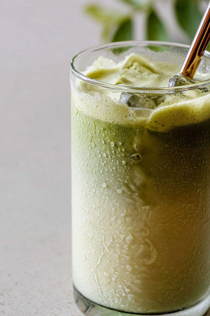 Close-up of an iced Banana Matcha Latte in a glass, showing vibrant green layers above the creamy, mashed banana base at the bottom.