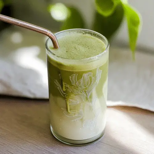 Iced Banana Matcha Latte in a tall glass, with a vibrant green top layer and creamy, mashed banana swirling at the bottom, showcasing the dual texture.