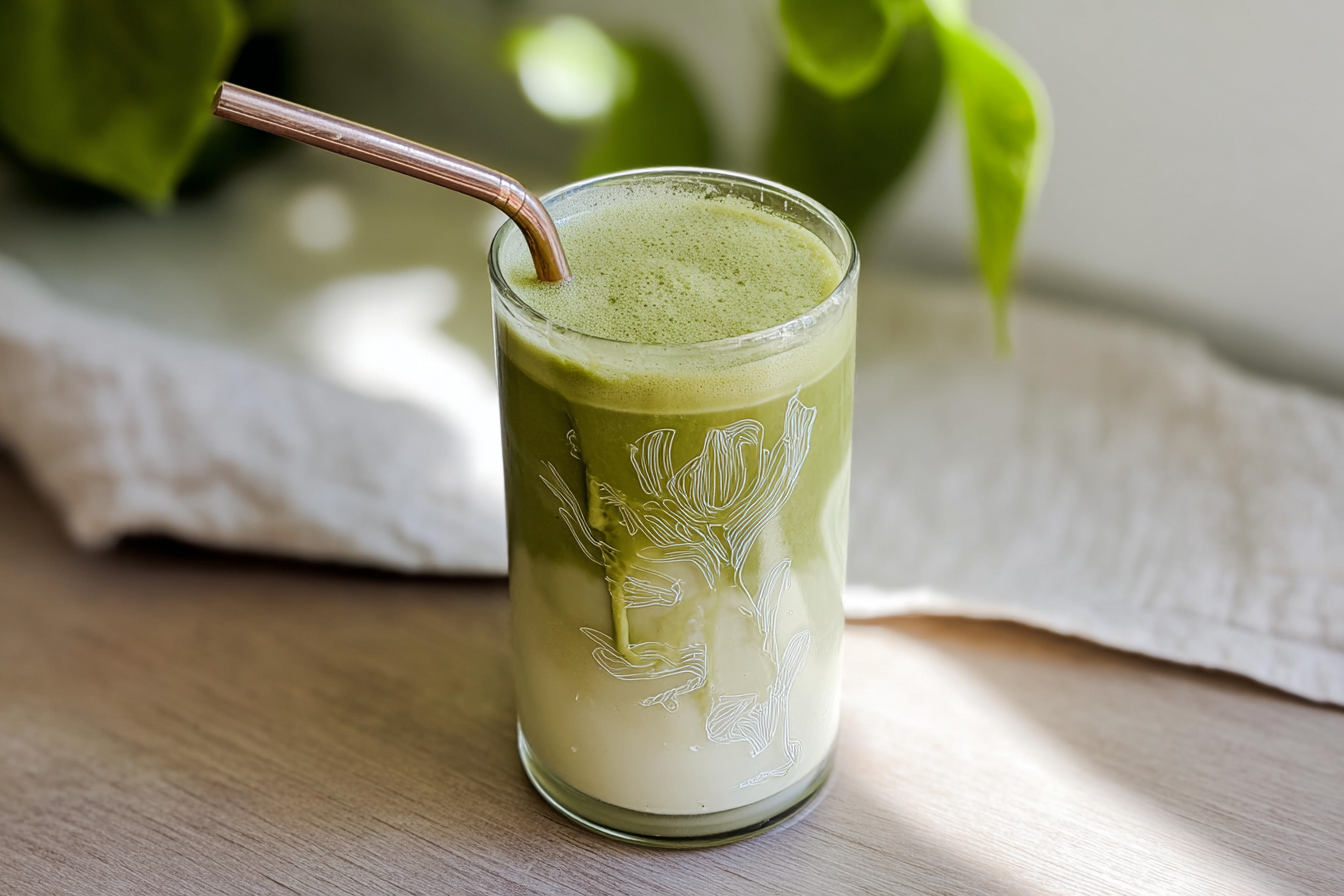 Iced Banana Matcha Latte in a tall glass, with a vibrant green top layer and creamy, mashed banana swirling at the bottom, showcasing the dual texture.