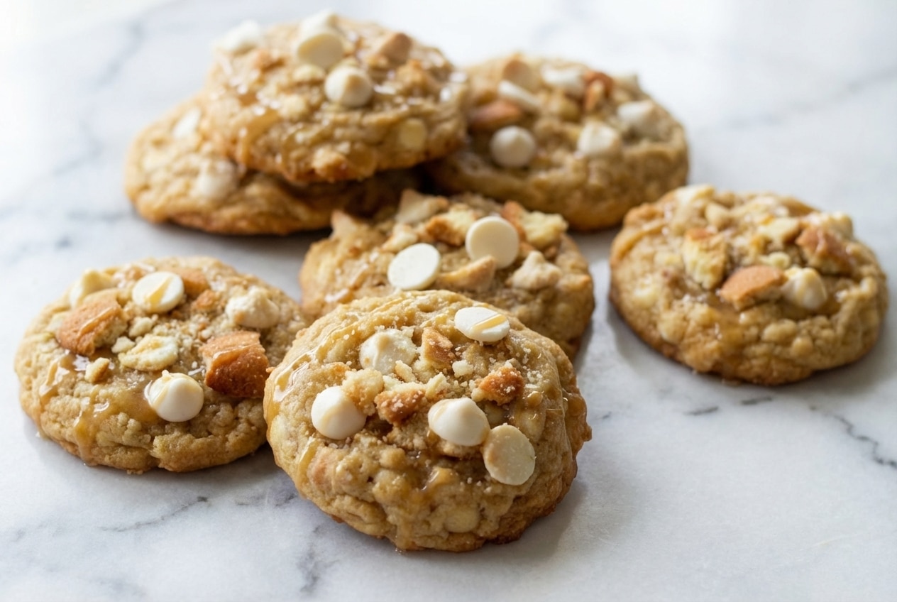 A plate of golden-brown banana pudding cookies with visible pieces of salted vanilla wafers and white chocolate chips.