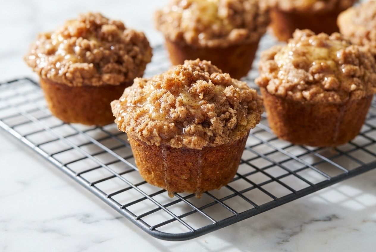 Close-up of golden Banana Streusel Muffins showcasing a rich brown butter and nutmeg-infused crumb topping.