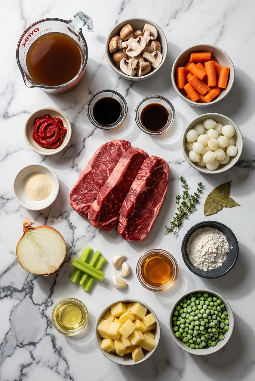 Overhead view of raw ingredients for a beef stew recipe, including Beef Chuck Roast, carrots, celery, onions, and various spices arranged on a dark surface.