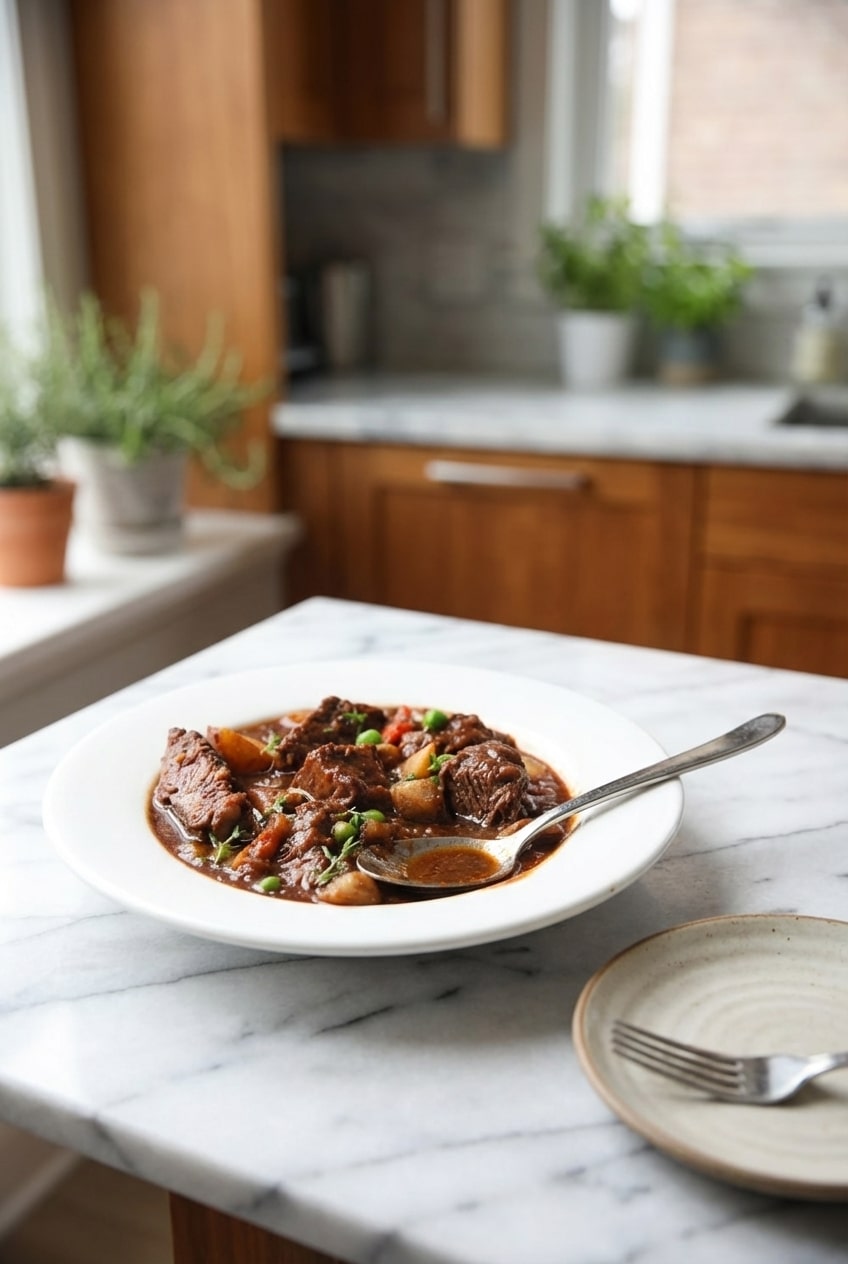 A rustic Dutch Oven filled with savory beef stew recipe, ready to be served, set on a wooden table with a ladle.