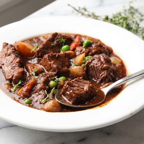 Hearty beef stew recipe in a rustic bowl, garnished with fresh herbs, showcasing the rich, dark sheen from an 85% dark chocolate finish.