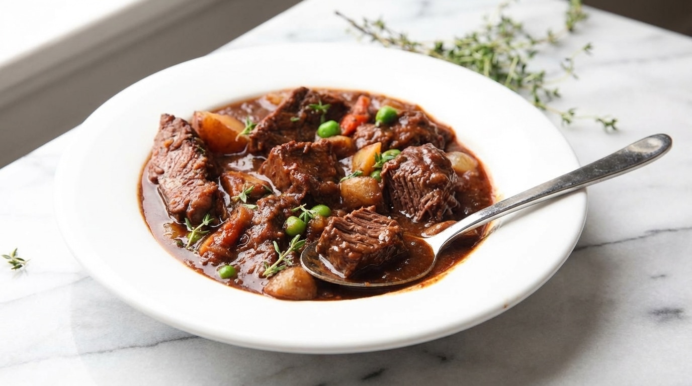 Hearty beef stew recipe in a rustic bowl, garnished with fresh herbs, showcasing the rich, dark sheen from an 85% dark chocolate finish.