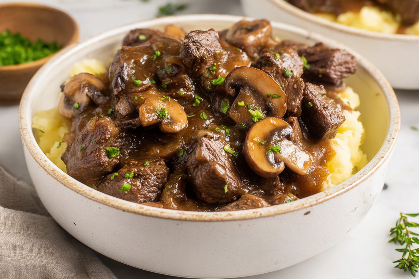 Platter of tender beef tips crock pot recipes, smothered in a deeply flavored brown gravy enhanced by balsamic and bloomed tomato paste, served over egg noodles.