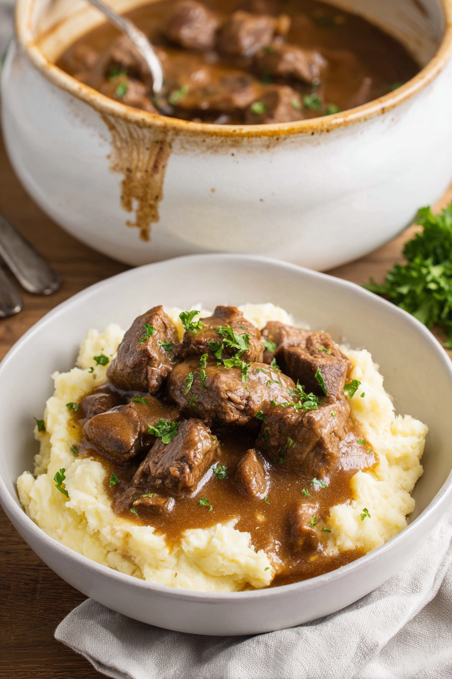Cozy dinner scene with a serving of hearty beef tips crock pot recipes and sides, creating a comforting family meal atmosphere.