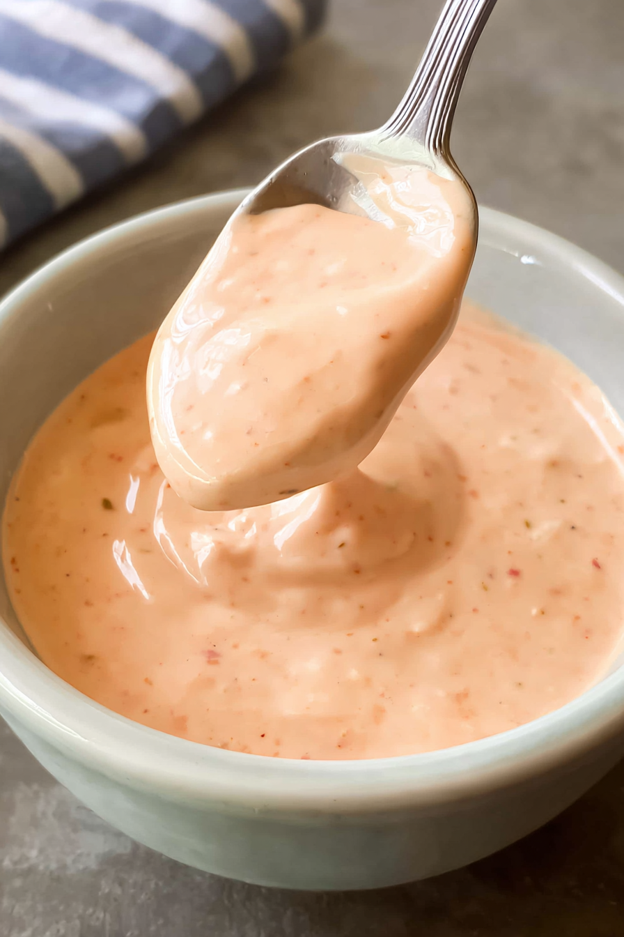 Close-up of the creamy, pale orange texture of big mac sauce in a bowl, showing its smooth consistency.