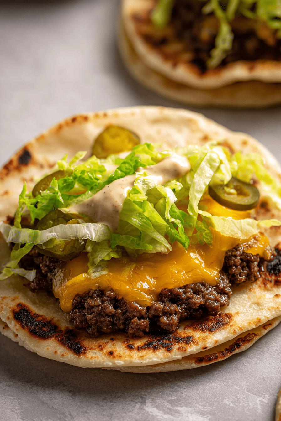 Macro close-up of a Big Mac Smash Taco showing the caramelized beef patty, golden-brown crust, and melted American cheese pressed onto a flour tortilla.