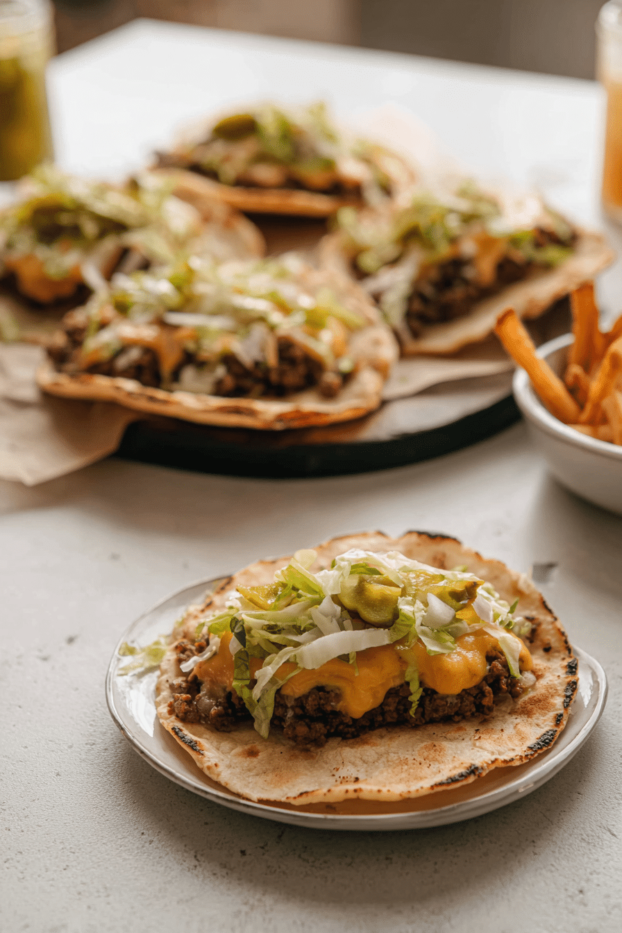 Lifestyle shot of Big Mac Smash Tacos arranged appealingly on a wooden board, garnished with fresh dill pickles and chopped onions, ready for serving.