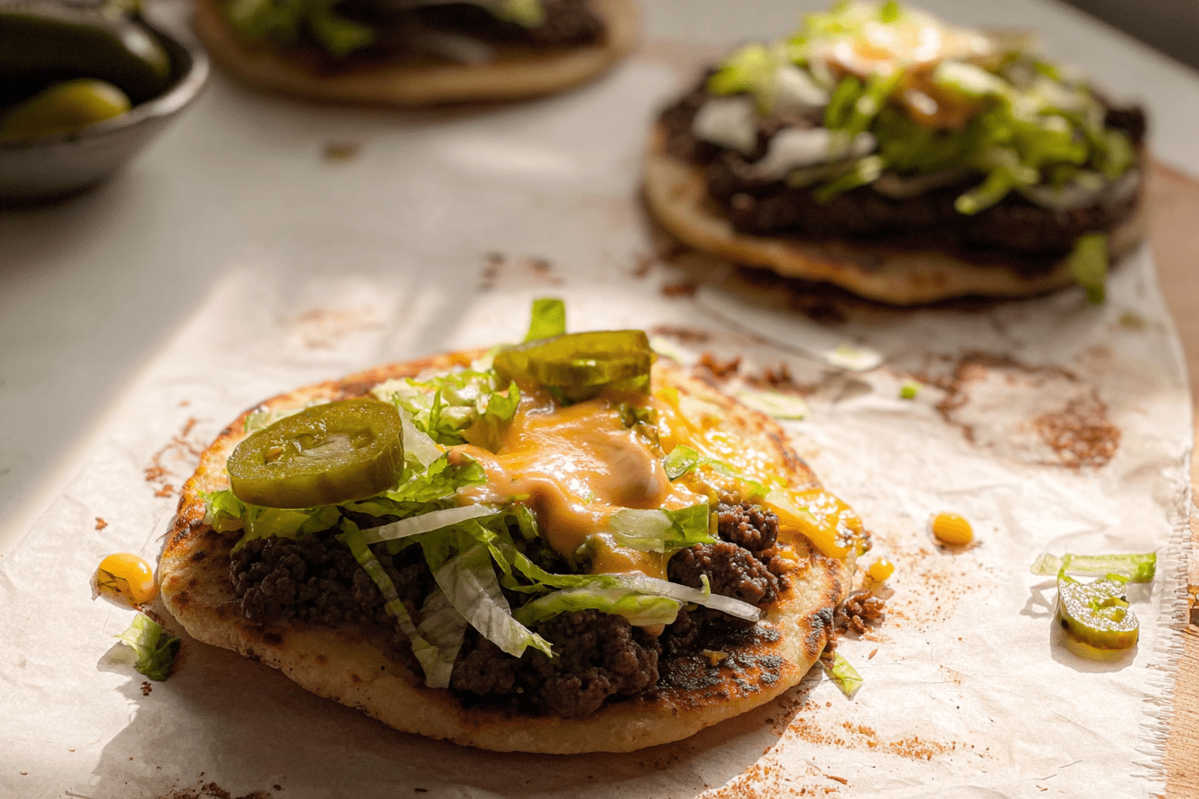 Close-up of a stack of Big Mac Smash Tacos, showing crispy beef patties infused with smoked paprika and Worcestershire sauce, melted cheese, shredded lettuce, and special sauce.