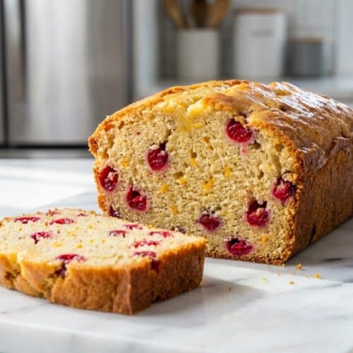 A golden brown loaf of cranberry orange bread, drizzled with a white glaze, showcasing its tender crumb infused with brown butter and cardamom.