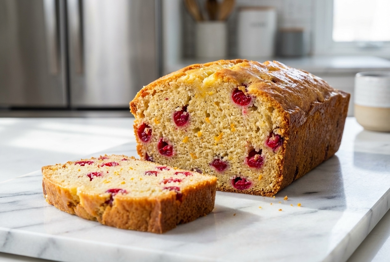A golden brown loaf of cranberry orange bread, drizzled with a white glaze, showcasing its tender crumb infused with brown butter and cardamom.
