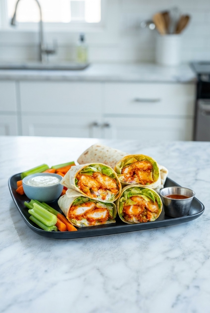 A platter of finished buffalo chicken wraps, cut in half, arranged decoratively with a side of dipping sauce.