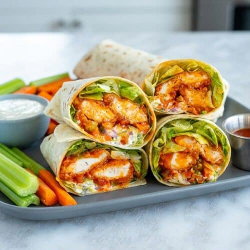 Golden brown buffalo chicken wraps, sealed with a 'buffalo-butter' crust, sliced in half to show the creamy filling.