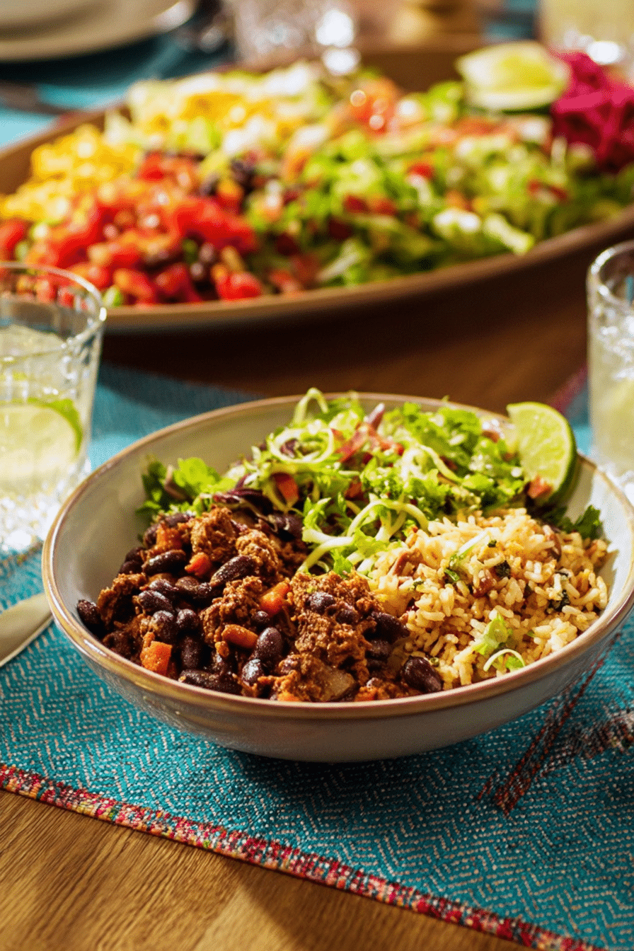 A lifestyle shot of a burrito bowl recipe set on a rustic wooden table, suggesting a casual, comforting mealtime.