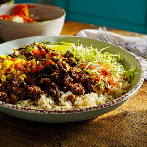 A vibrant burrito bowl recipe featuring seasoned ground beef, fresh guacamole, cilantro lime rice, and a drizzle of Chipotle-Honey Vinaigrette.