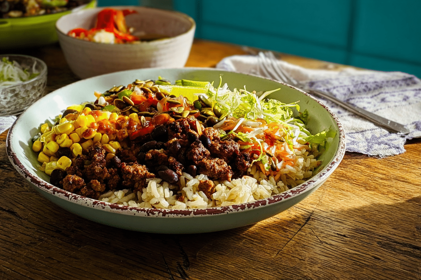 A vibrant burrito bowl recipe featuring seasoned ground beef, fresh guacamole, cilantro lime rice, and a drizzle of Chipotle-Honey Vinaigrette.