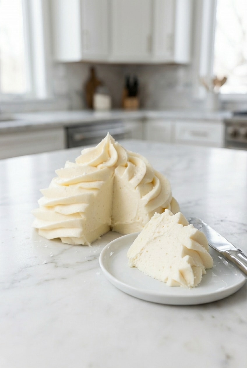 A cupcake richly topped with the finished butter cream frosting, presented on a simple plate, ready to be served.