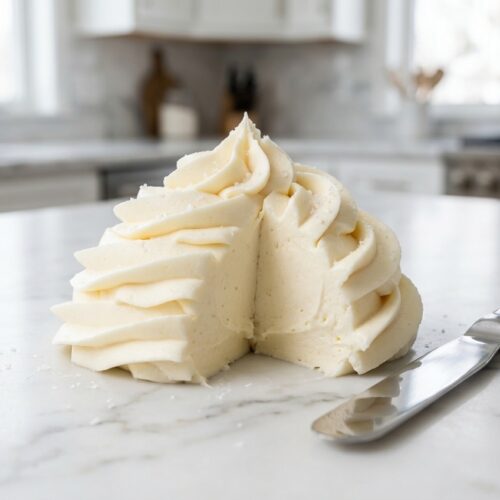 A beautifully frosted cake decorated with silky smooth butter cream frosting recipe, showing a hint of its salty-sweet profile and perfect stability from meringue powder.