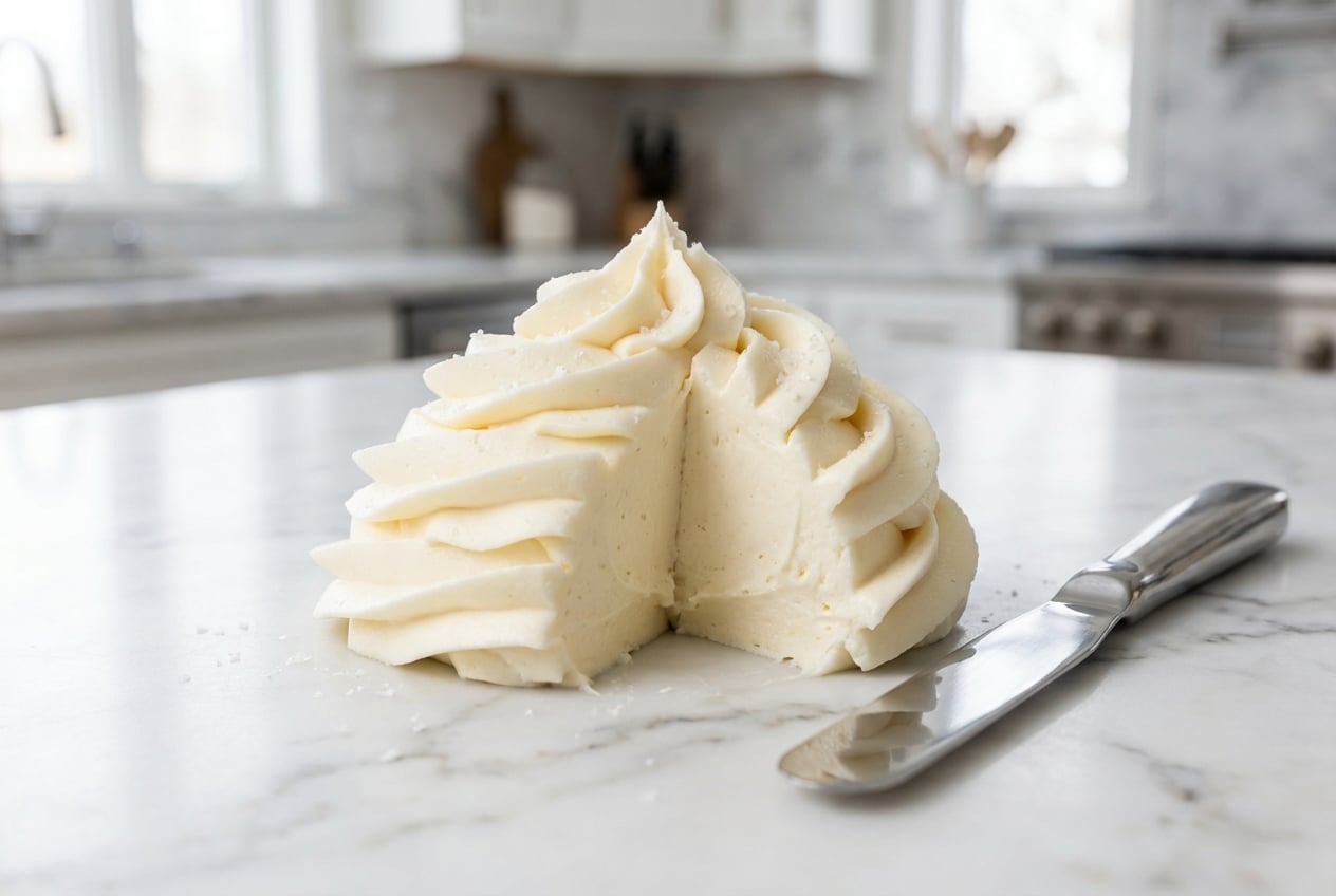 A beautifully frosted cake decorated with silky smooth butter cream frosting recipe, showing a hint of its salty-sweet profile and perfect stability from meringue powder.