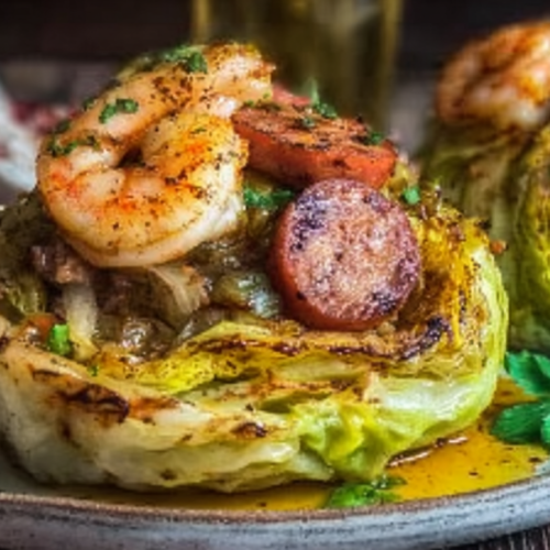 A vibrant cabbage boil with shrimp and sausage baked to perfection, generously coated in a rich Cajun Garlic Butter Sauce, served in a rustic skillet.