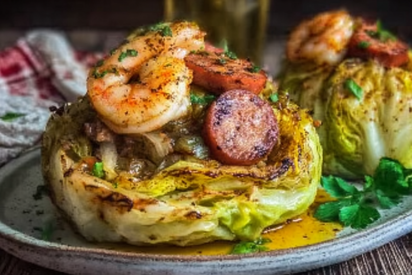 A vibrant cabbage boil with shrimp and sausage baked to perfection, generously coated in a rich Cajun Garlic Butter Sauce, served in a rustic skillet.